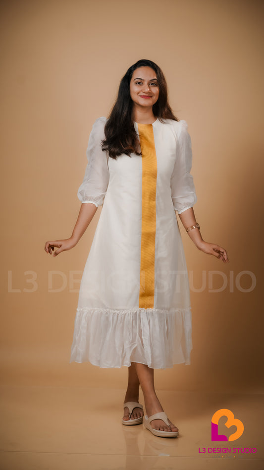 Off White Cotton Dress with Golden Kasavu and Organza Details