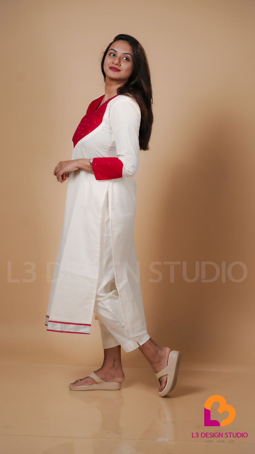 Off White Kurti with Red Golden Embroidered Silk Fabric