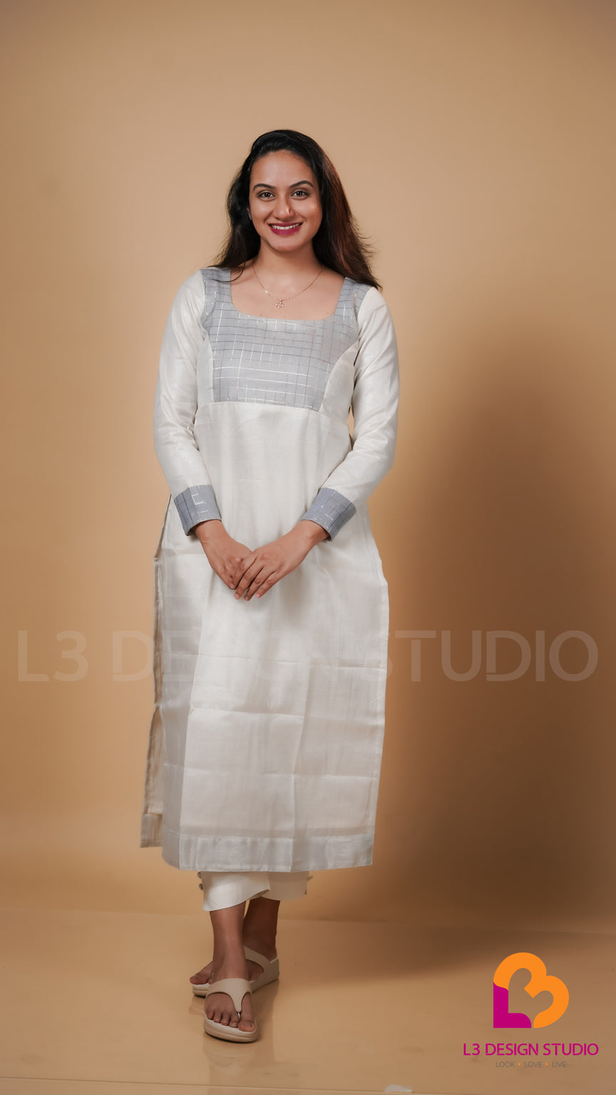 Silver Tissue Kurti with Grey Organza Chequered Detailing