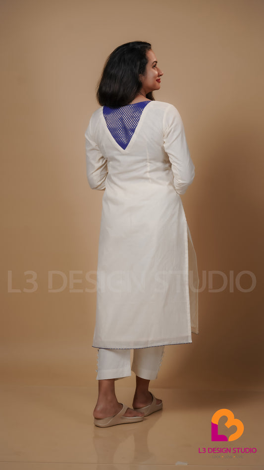 Off White Cotton Kurti with Blue Brocade Detailing