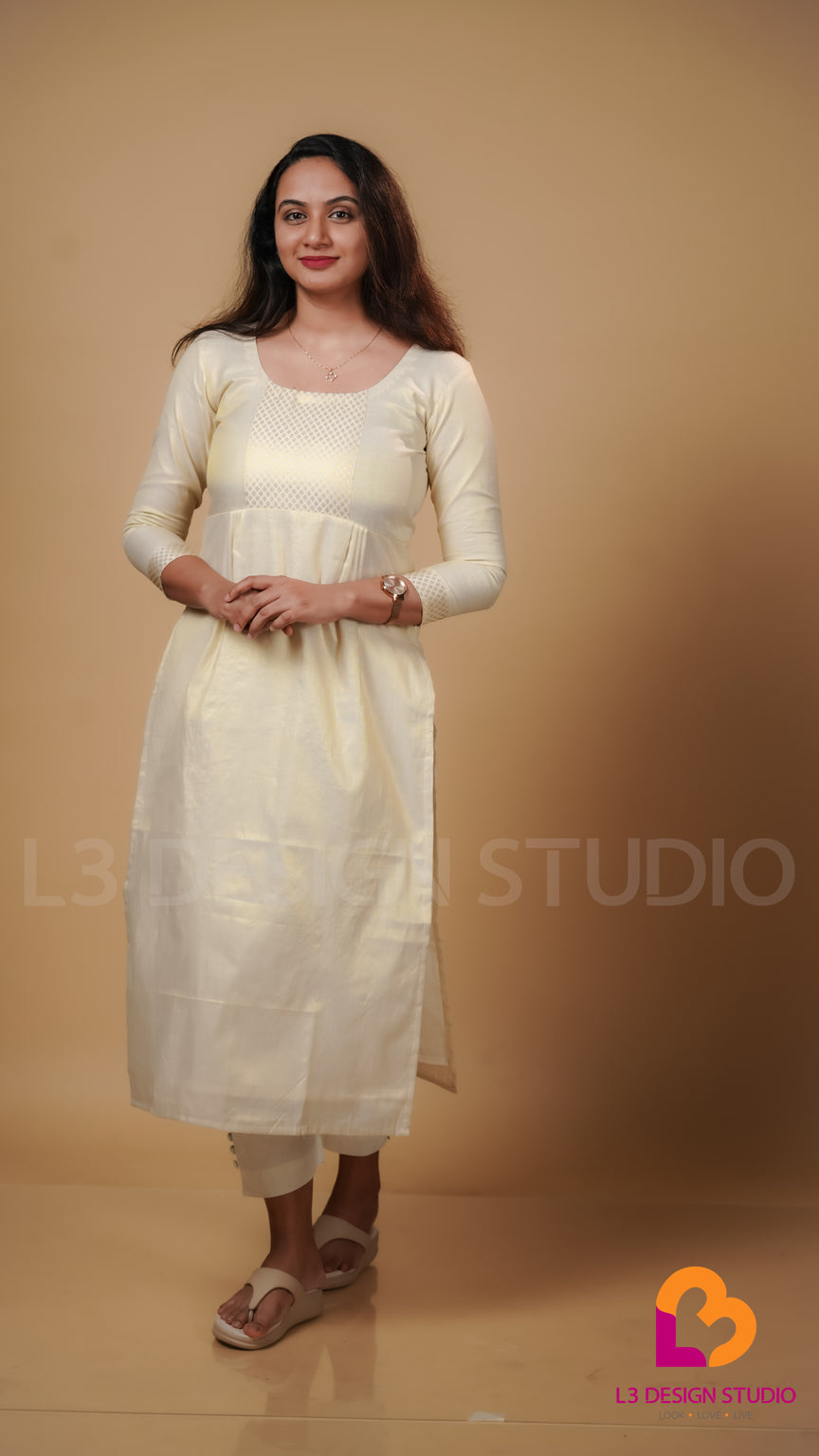 Golden Tissue Kurti with Cream Brocade Embellishments