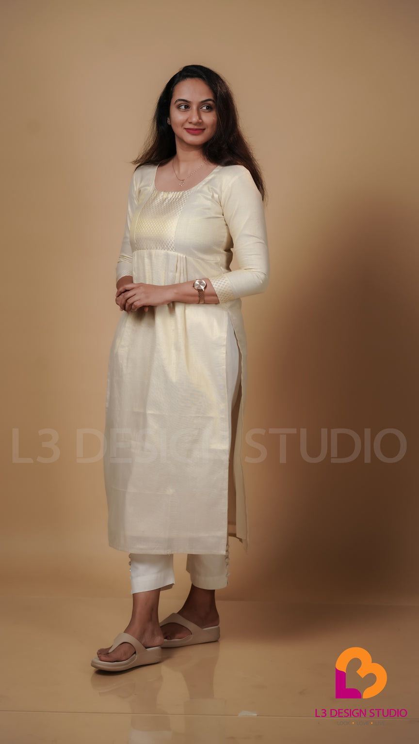 Golden Tissue Kurti with Cream Brocade Embellishments