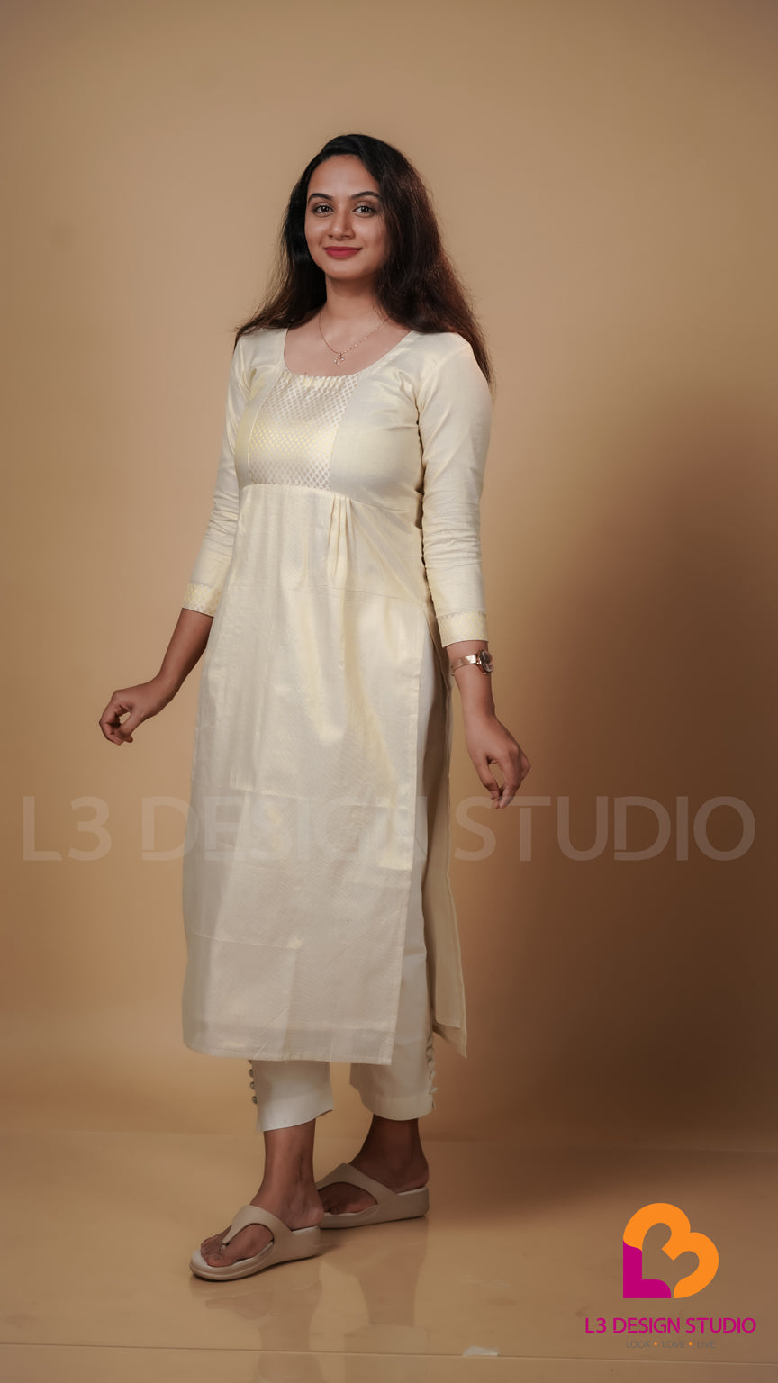 Golden Tissue Kurti with Cream Brocade Embellishments