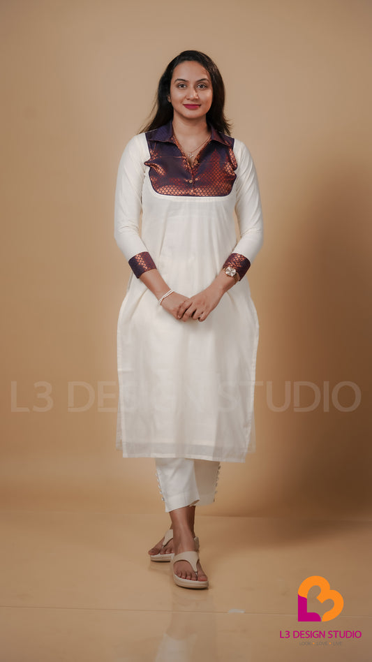 Off White Kurti with Blue & Copper Brocade Detailing