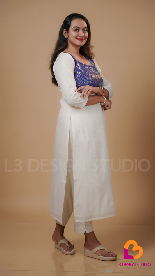 Off White Cotton Kurti with Blue Golden Brocade Yoke