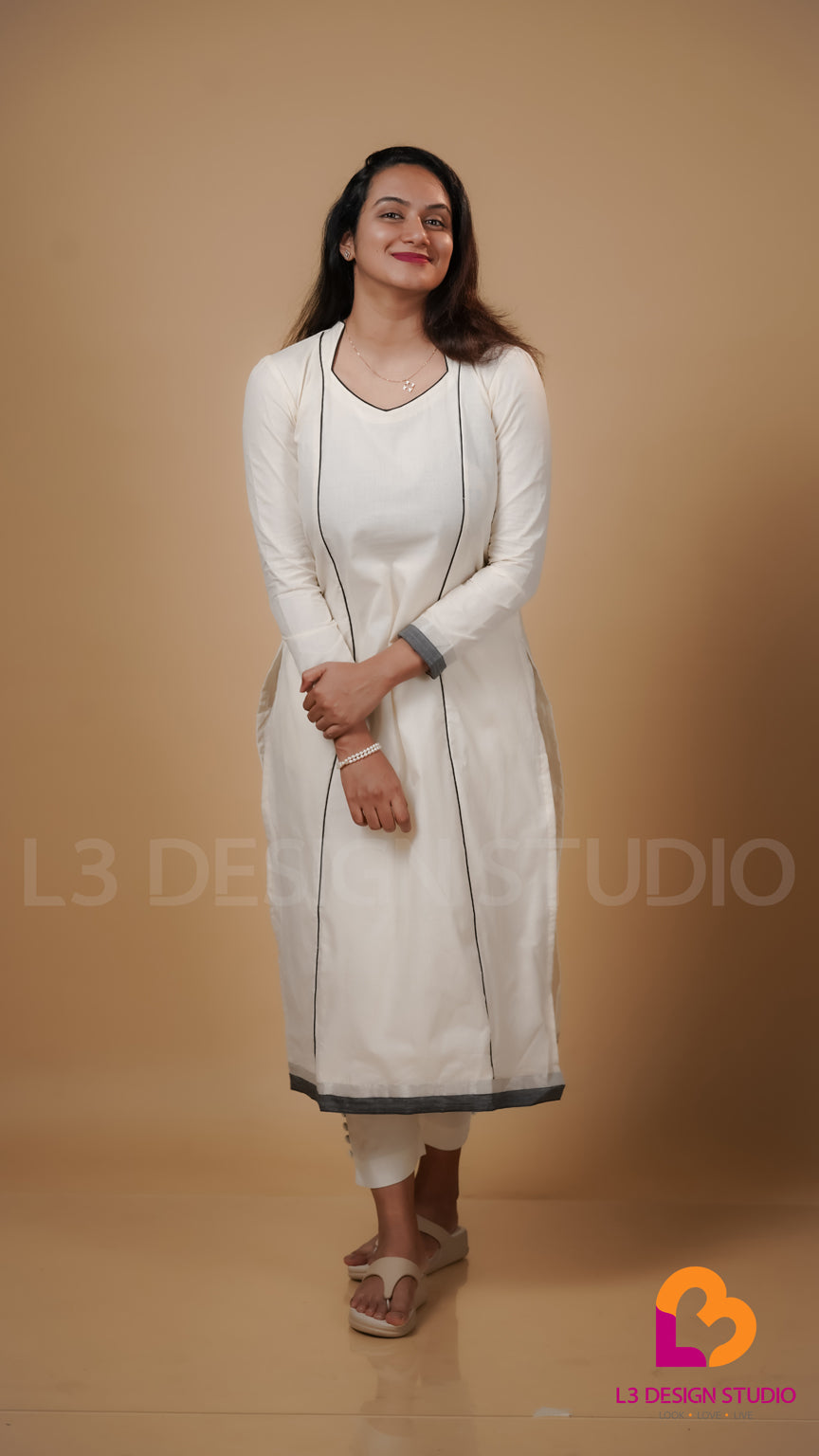 Offwhite Cotton Kurti with Black Piping and Border