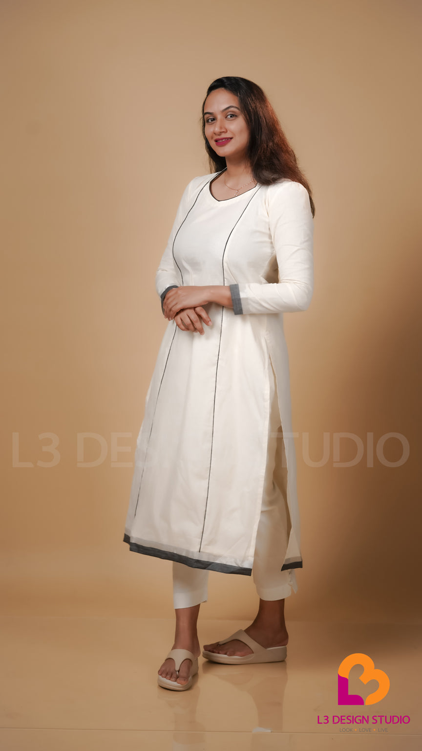 Offwhite Cotton Kurti with Black Piping and Border