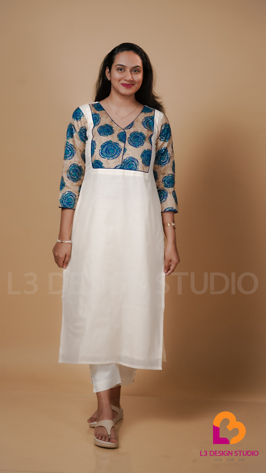 Offwhite Cotton Kurti with Printed Semi Silk Yoke and Sleeves