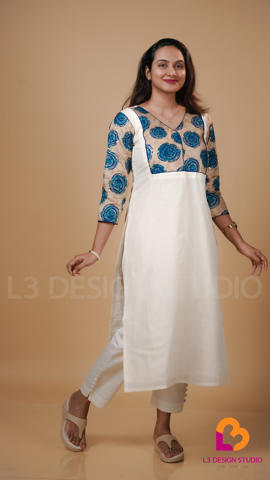 Offwhite Cotton Kurti with Printed Semi Silk Yoke and Sleeves