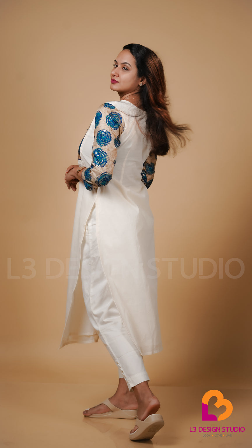 Offwhite Cotton Kurti with Printed Semi Silk Yoke and Sleeves