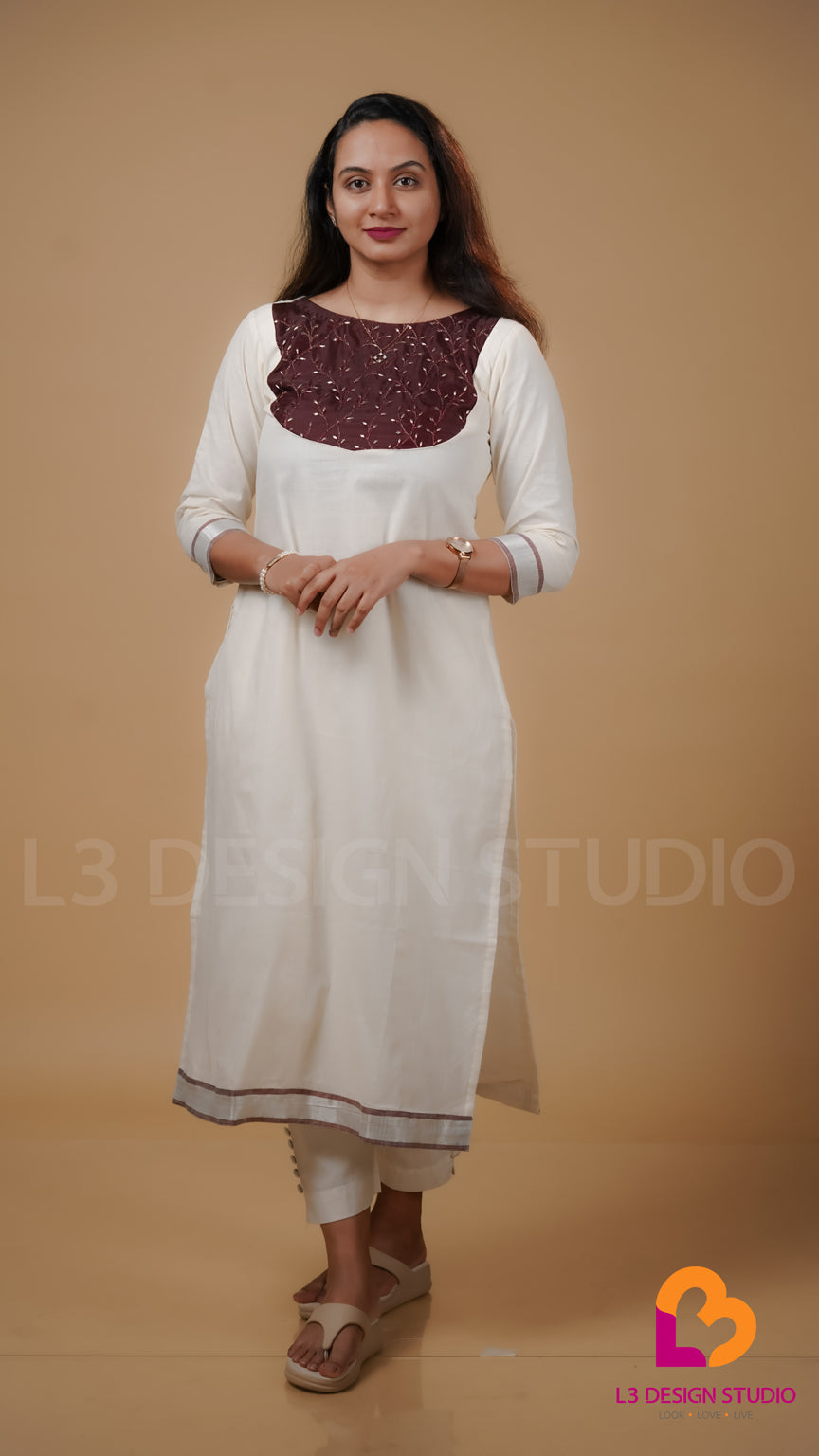 Offwhite Cotton Kurti with Brown Embroidered Organza Yoke and Silver Border