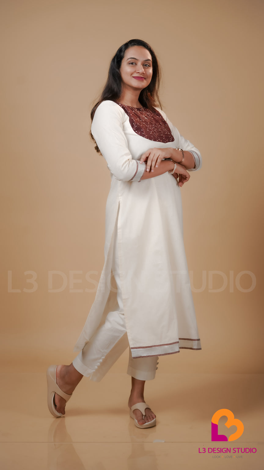 Offwhite Cotton Kurti with Brown Embroidered Organza Yoke and Silver Border