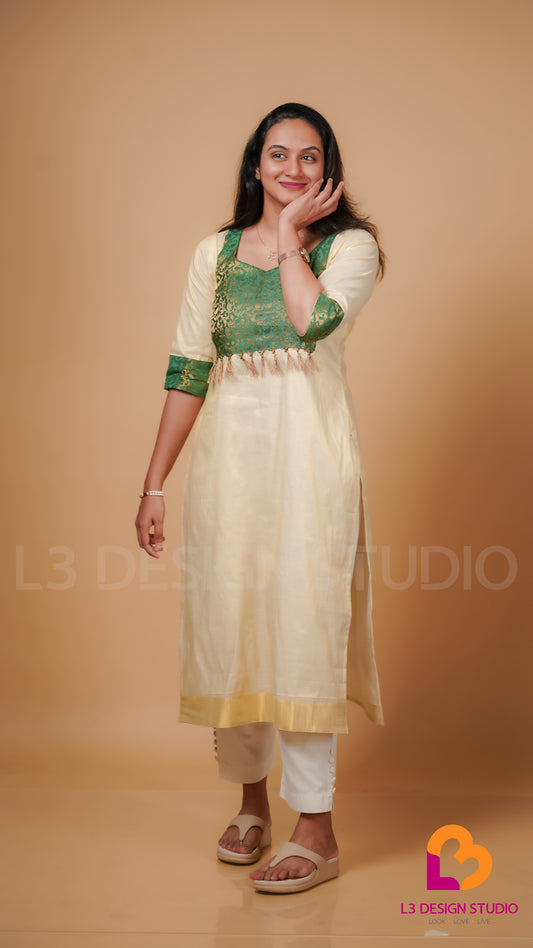 Golden Tissue Kurti with Green Brocade and Golden Accents