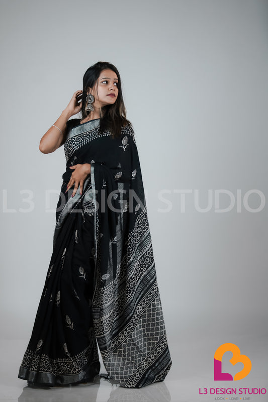 Black Linen Cotton Sari with Silver Zari Borders and Leaf Motif