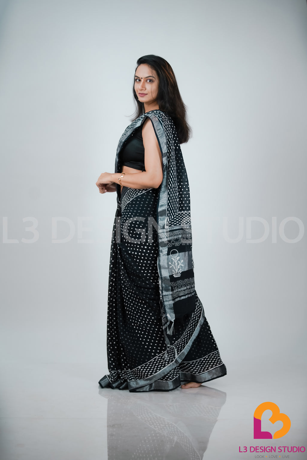 Black Linen Cotton Sari with Silver Zari Borders and Dotted Print