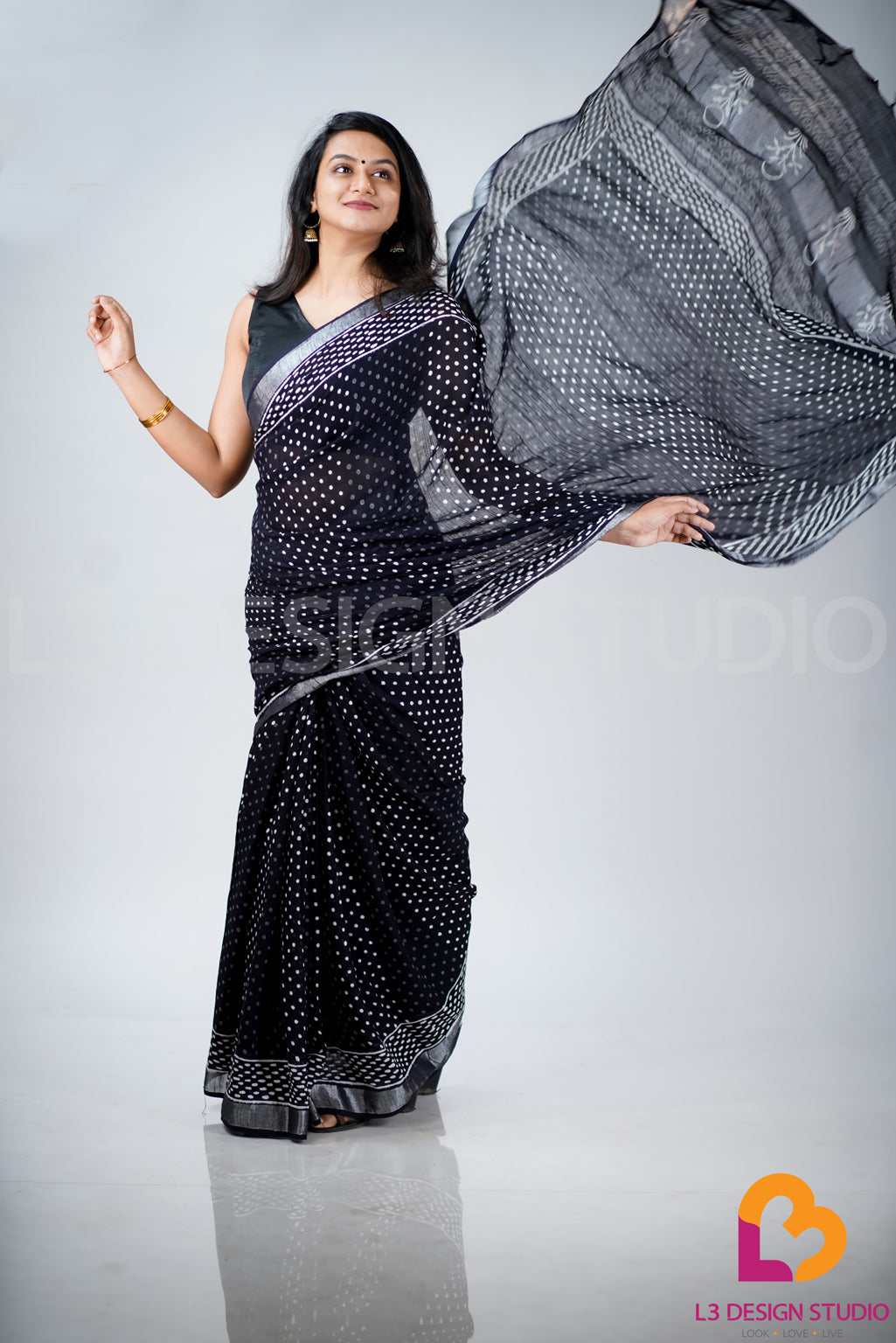 Black Linen Cotton Sari with Silver Zari Borders and Dotted Print