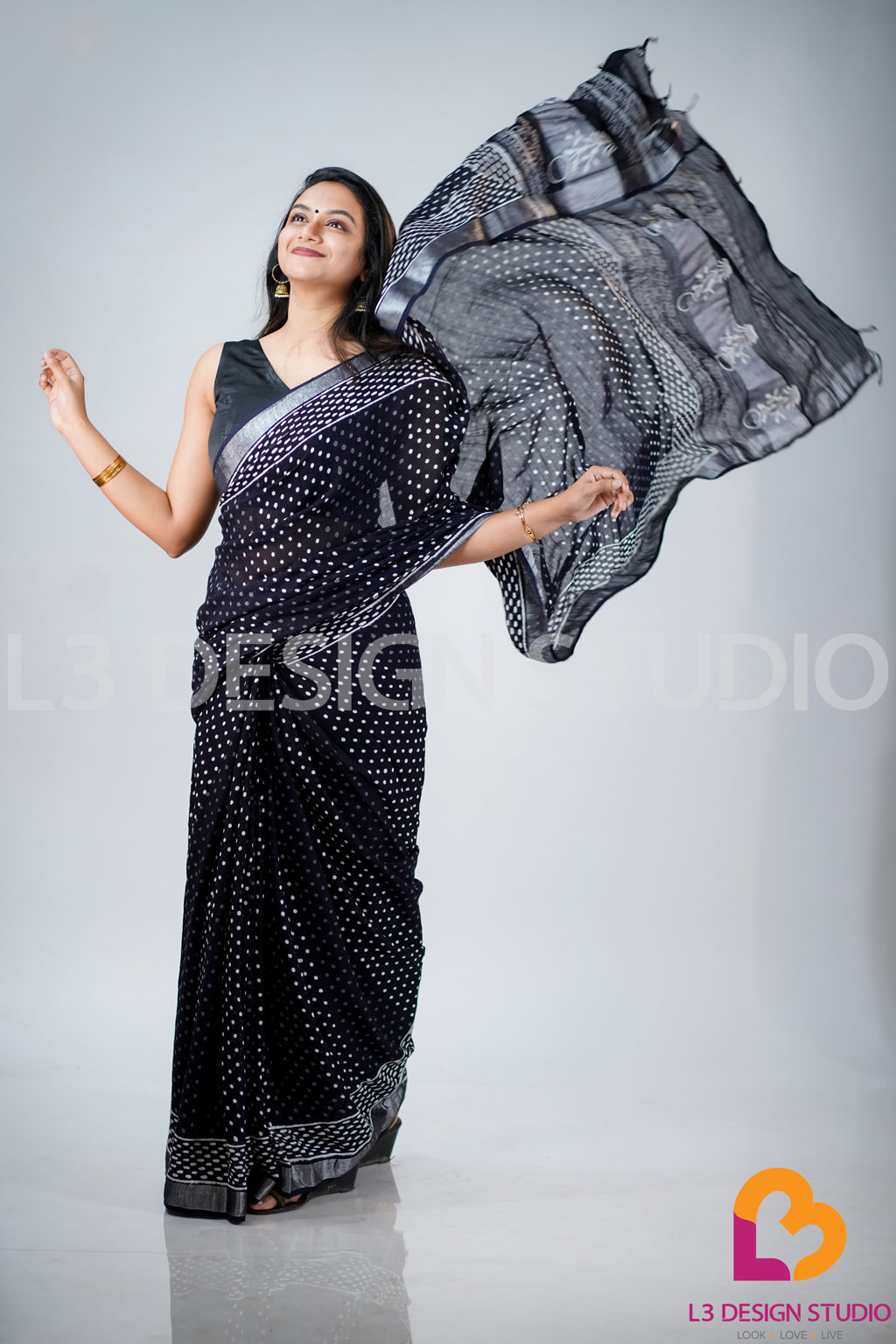 Black Linen Cotton Sari with Silver Zari Borders and Dotted Print