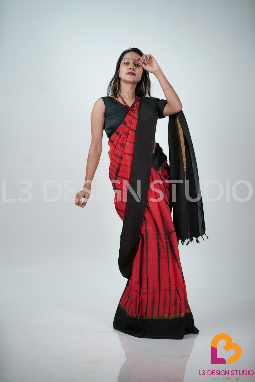 Red and Black Tie-Dye Assam Silk Saree with Golden Zari Accents