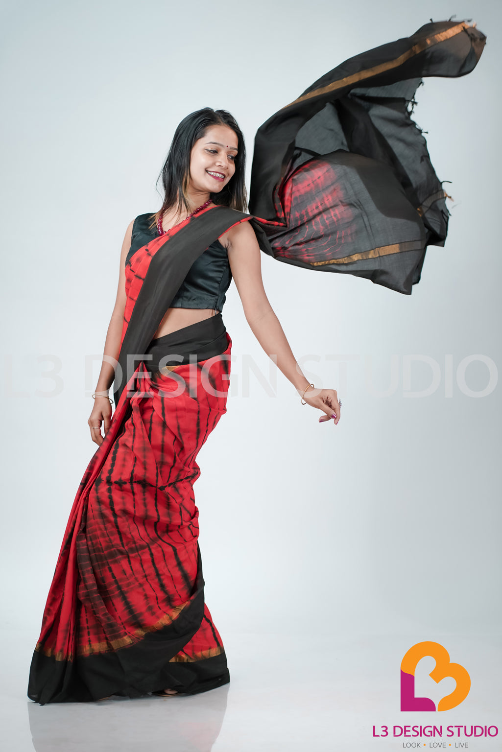 Red and Black Tie-Dye Assam Silk Saree with Golden Zari Accents