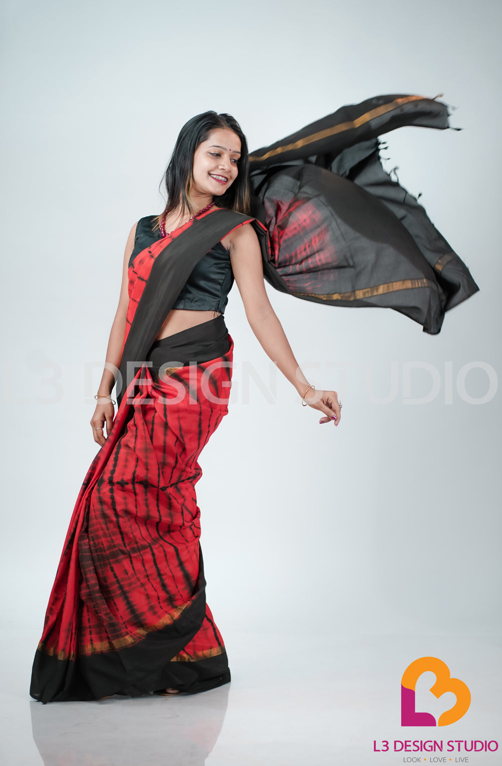 Red and Black Tie-Dye Assam Silk Saree with Golden Zari Accents