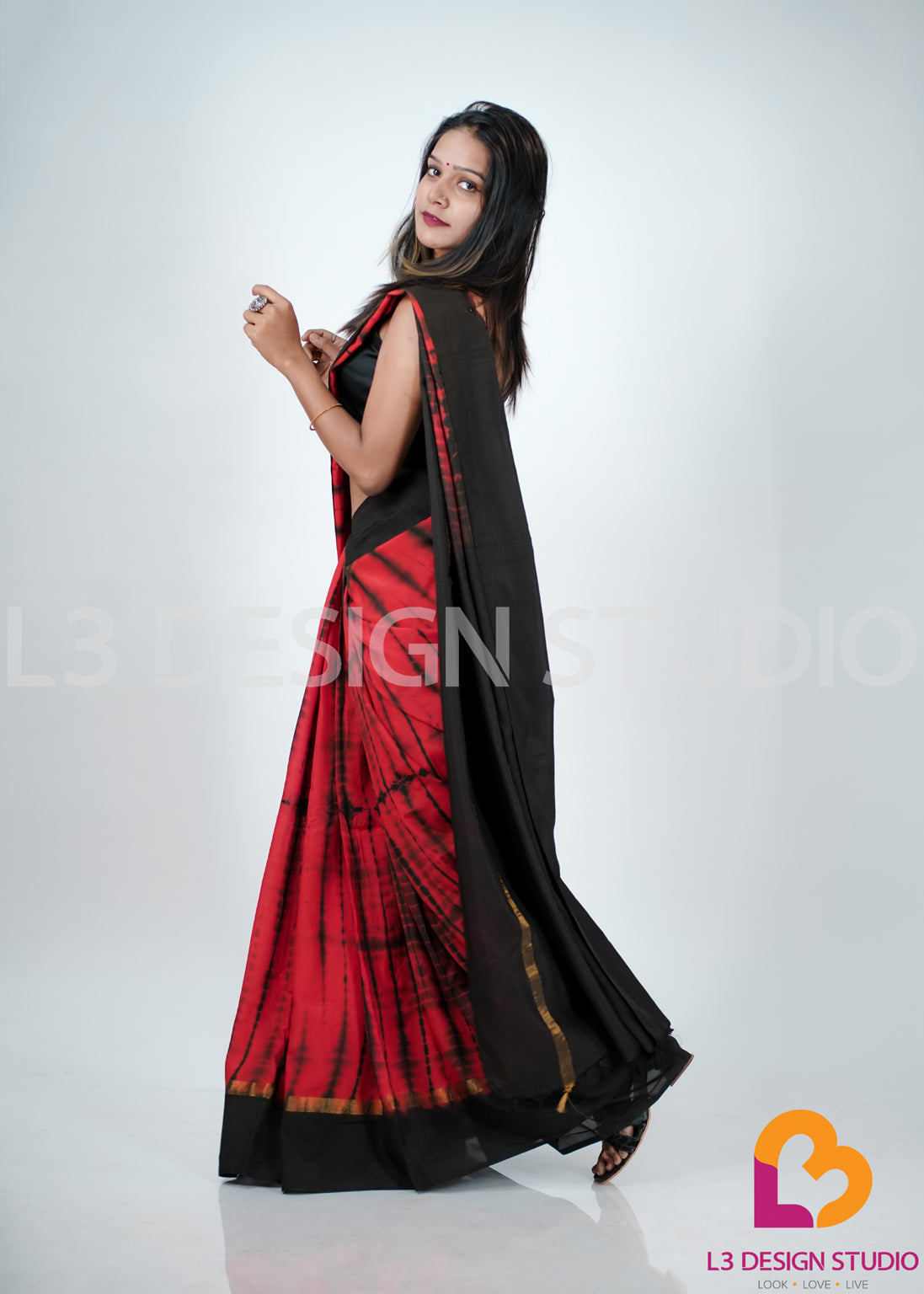 Red and Black Tie-Dye Assam Silk Saree with Golden Zari Accents