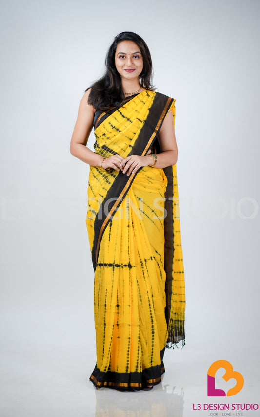 Yellow and Black Tie-Dye Assam Silk Viscose Saree with Thin Golden Zari