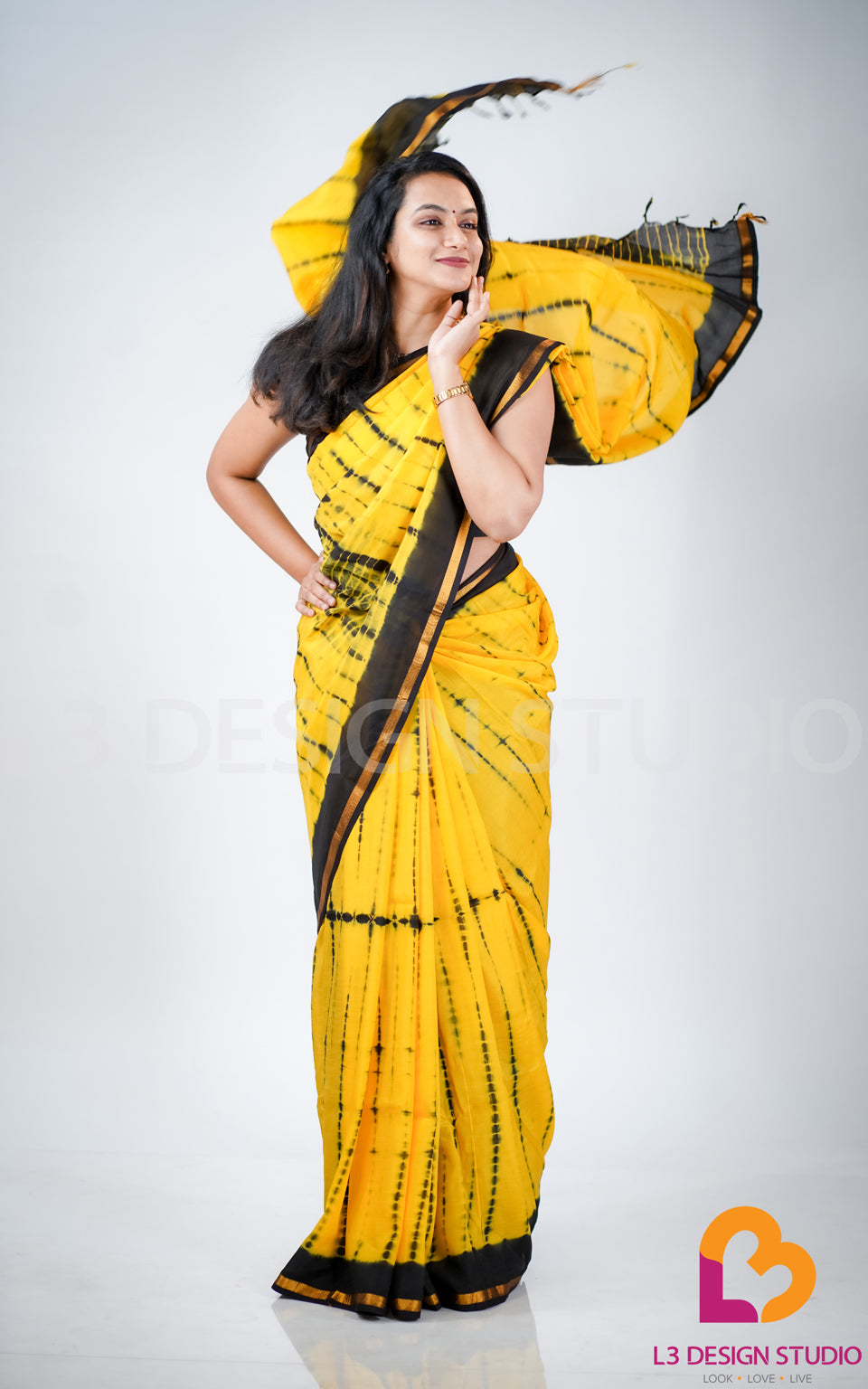 Yellow and Black Tie-Dye Assam Silk Viscose Saree with Thin Golden Zari