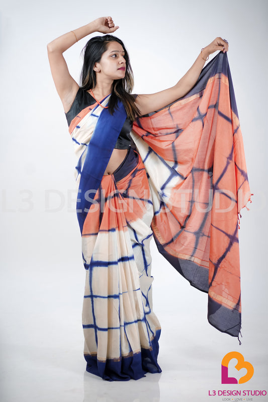 White Assam Silk Saree with Vibrant Orange and Blue Checks and Golden Zari