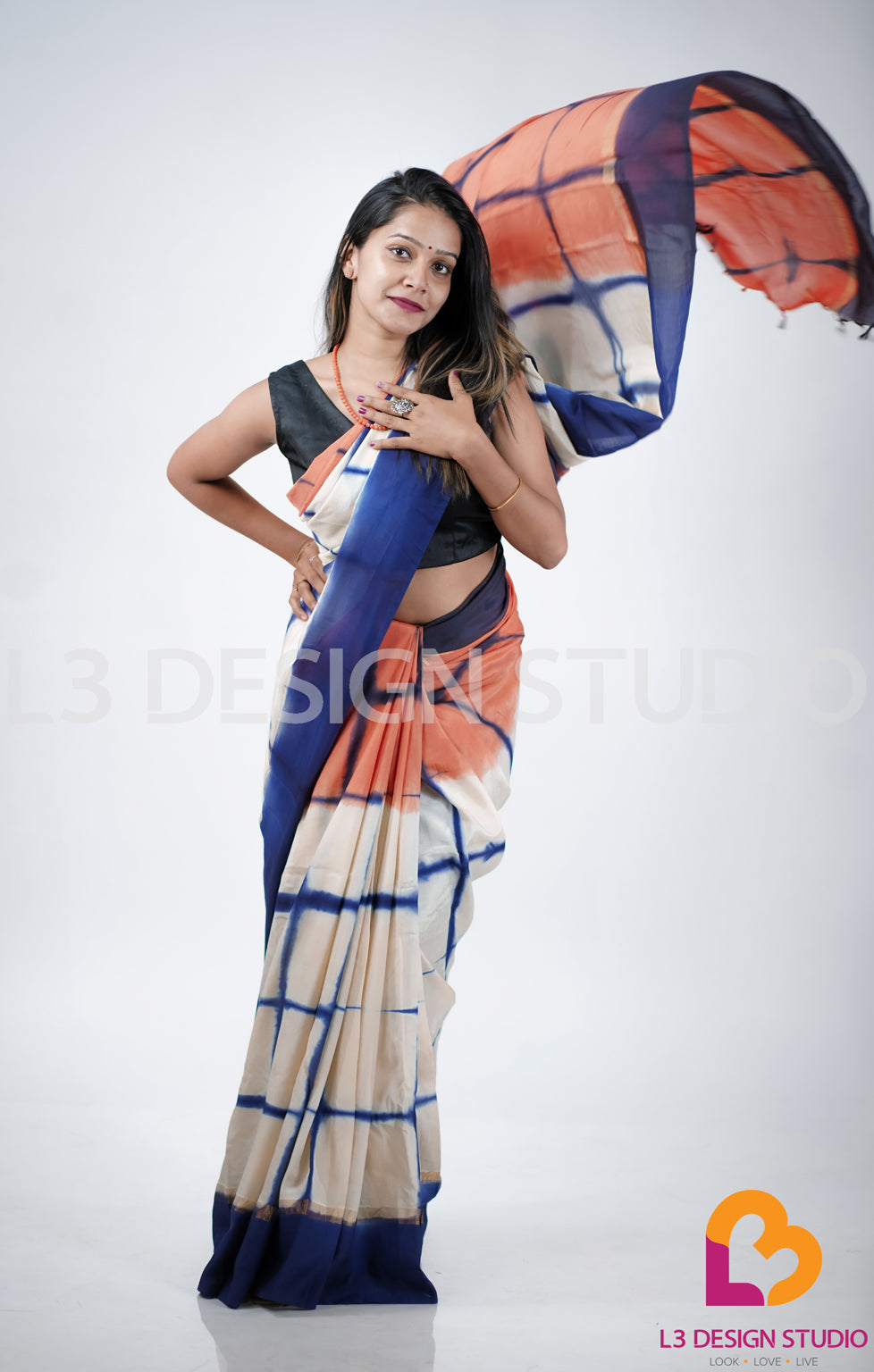 White Assam Silk Saree with Vibrant Orange and Blue Checks and Golden Zari