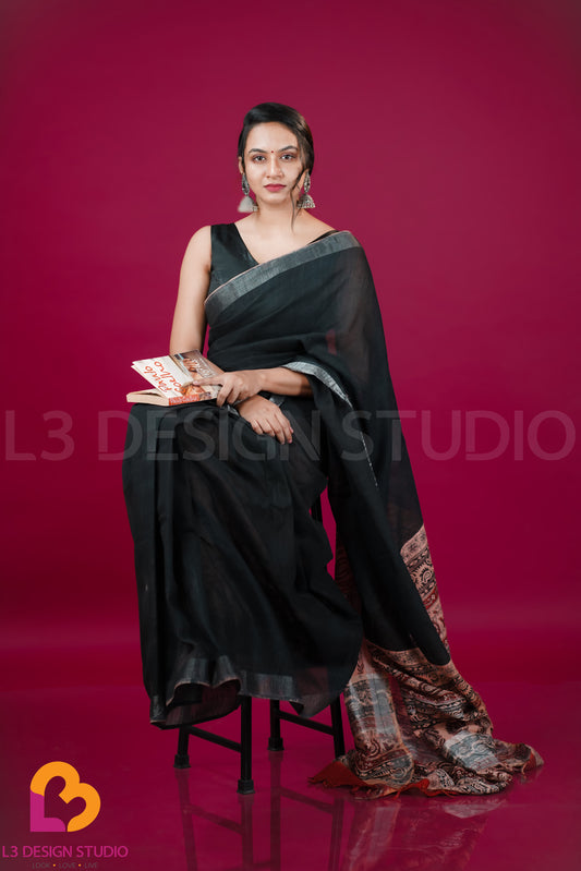 Black Linen Cotton Saree with Silver Zari and Printed Pallu