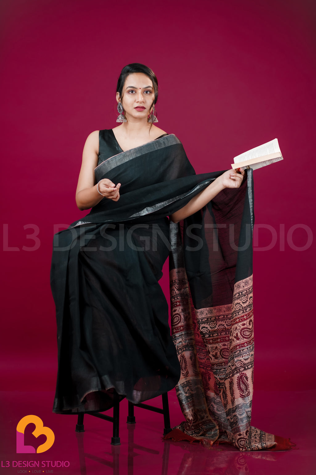 Black Linen Cotton Saree with Silver Zari and Printed Pallu