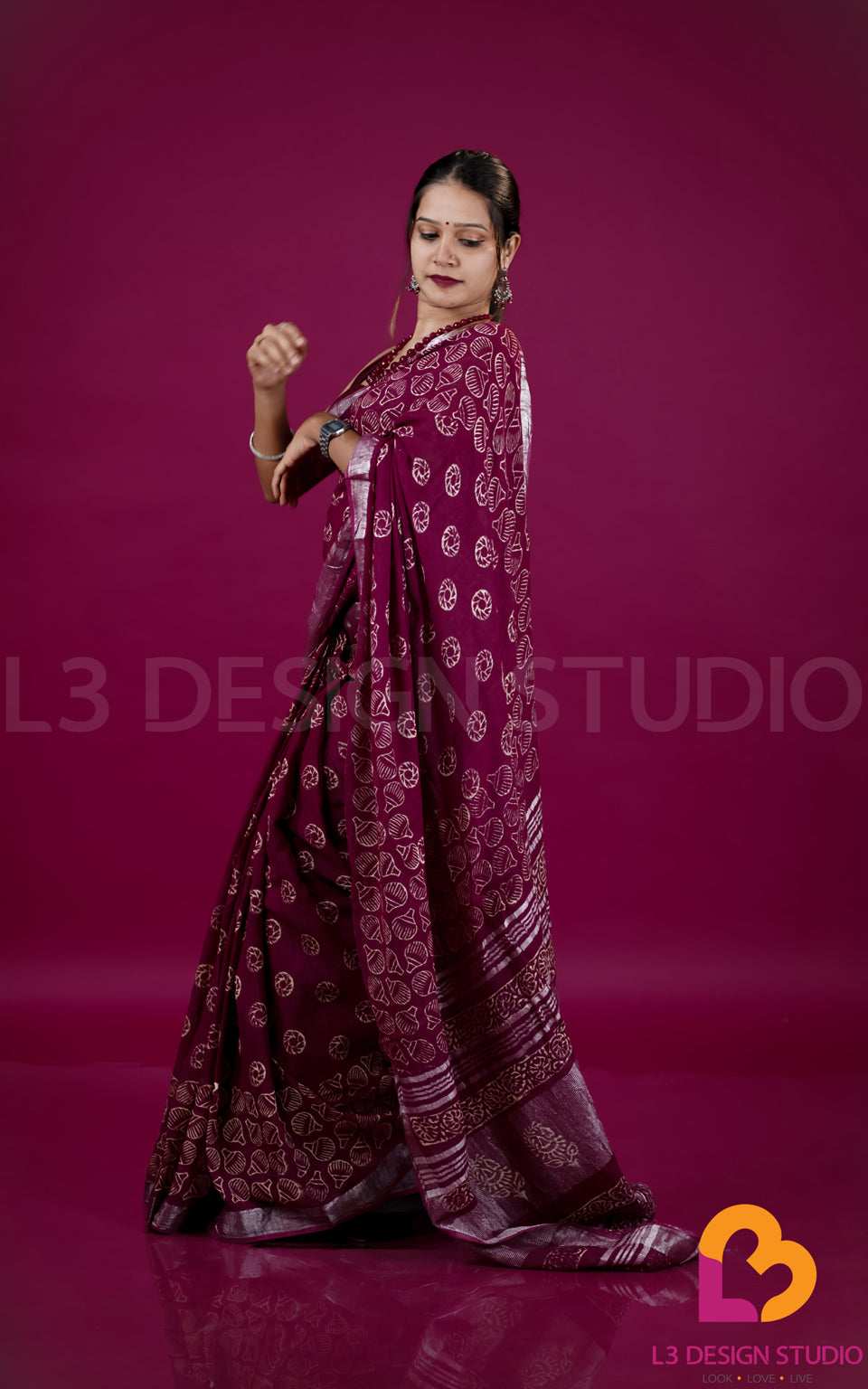 Maroon Linen Cotton Saree with Silver Zari and Printed Motifs