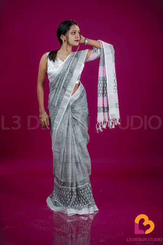 Black and White Linen Cotton Printed Saree with Silver Zari and Pink Patterned Pallu