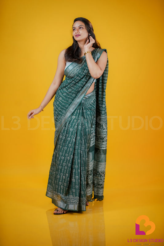 Bottle Green Linen Cotton Saree with Silver Zari and Printed Pallu