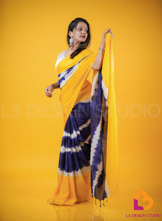 Yellow and Blue Tie-Dye Assam Silk Saree with Thin Gold Zari