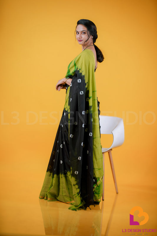 Black and Green Tie-Dye Assam Silk Saree with Thin Gold Zari