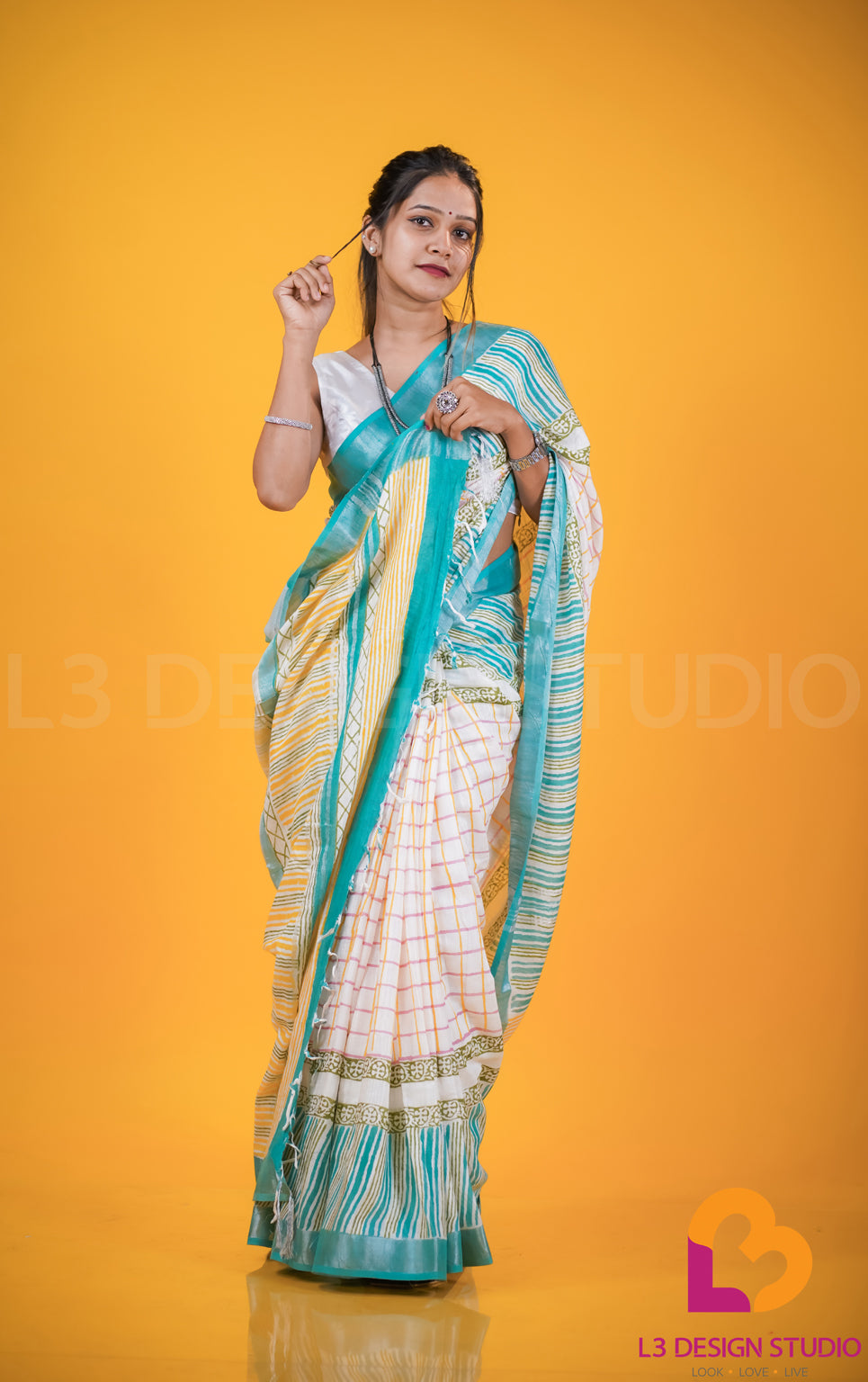 Off-White Linen Cotton Check Saree with Yellow and Pink Checks and Blue Printed Border