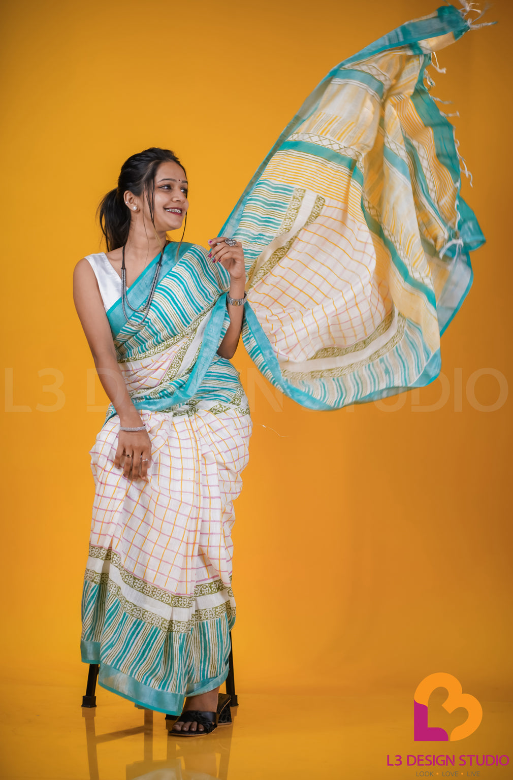 Off-White Linen Cotton Check Saree with Yellow and Pink Checks and Blue Printed Border