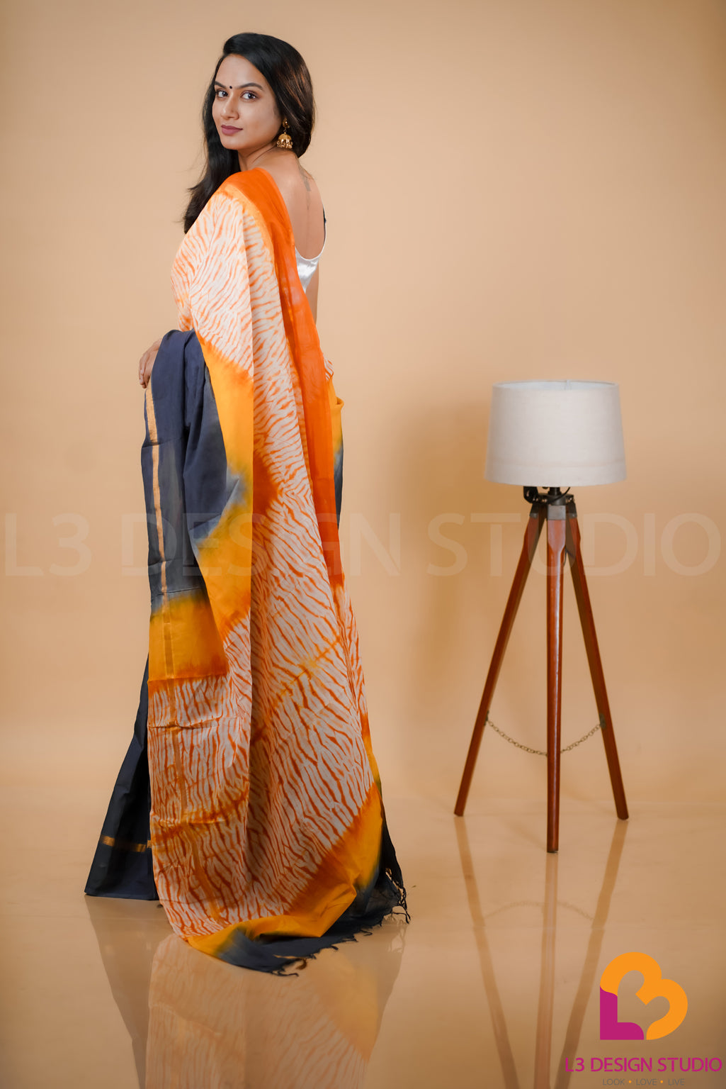 Grey-Orange Ombre Assam Silk Saree with Tie-Dye Pallu and Golden Zari