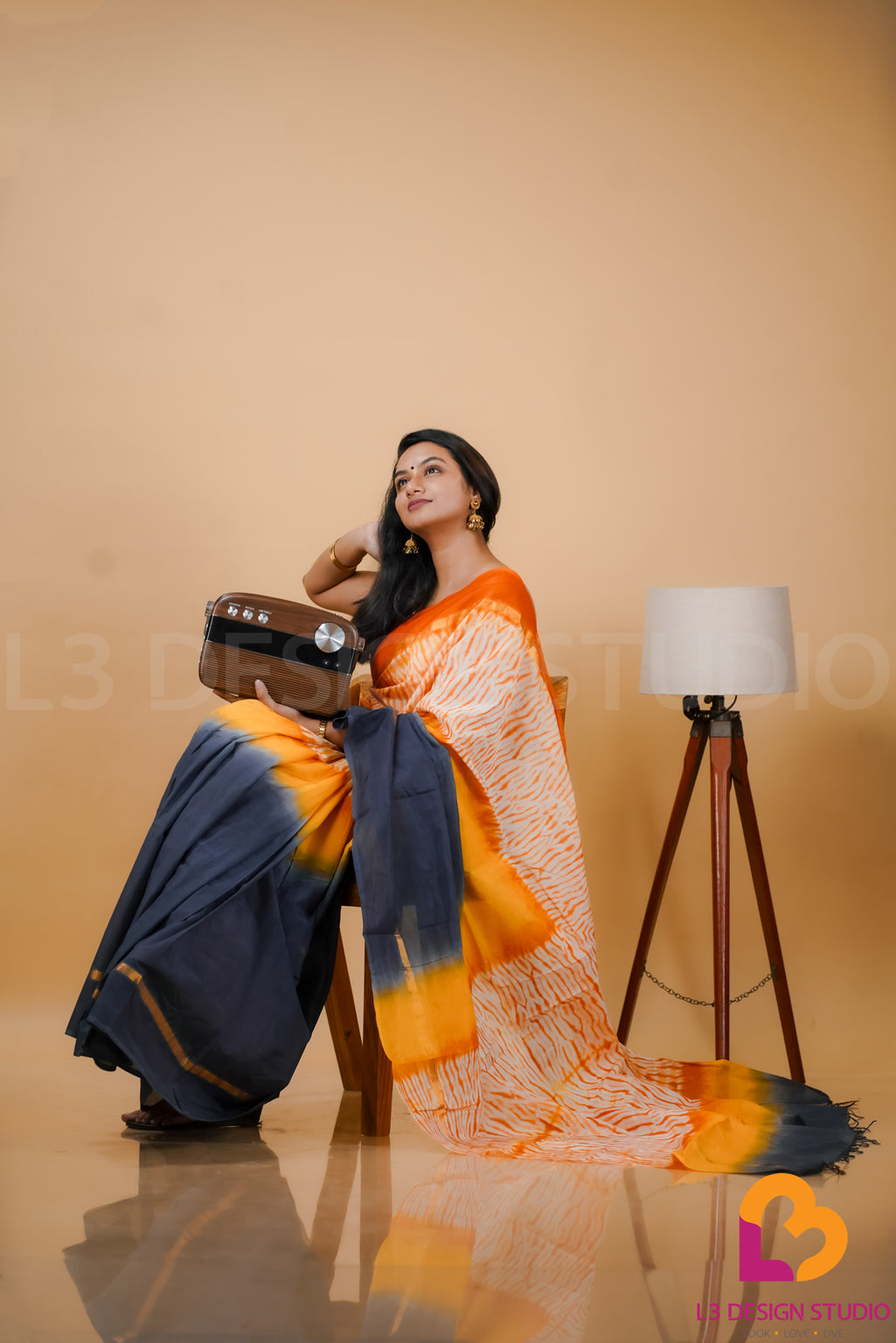 Grey-Orange Ombre Assam Silk Saree with Tie-Dye Pallu and Golden Zari