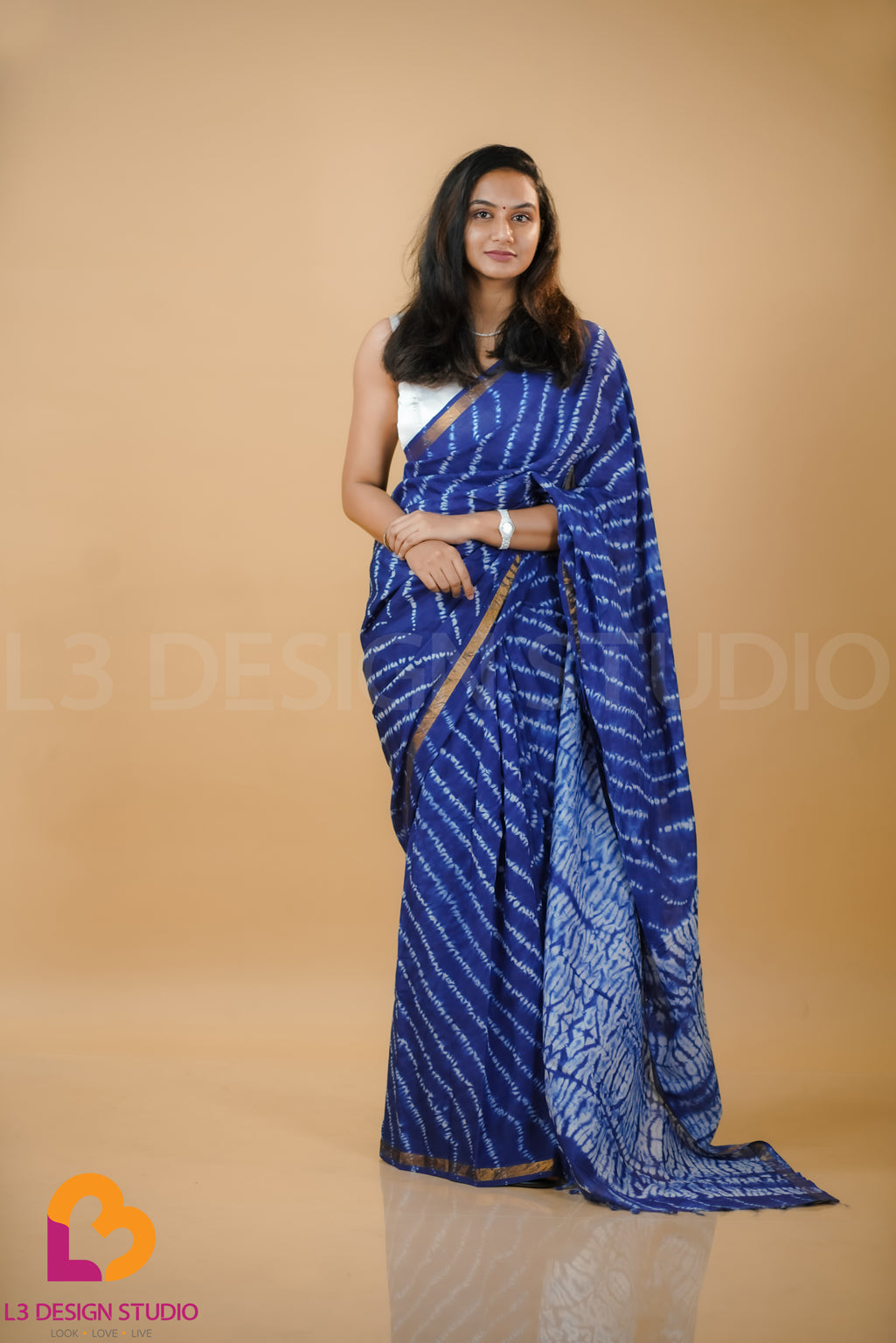 Indigo Blue Tie & Dye Assam Silk Saree with Golden Zari Border