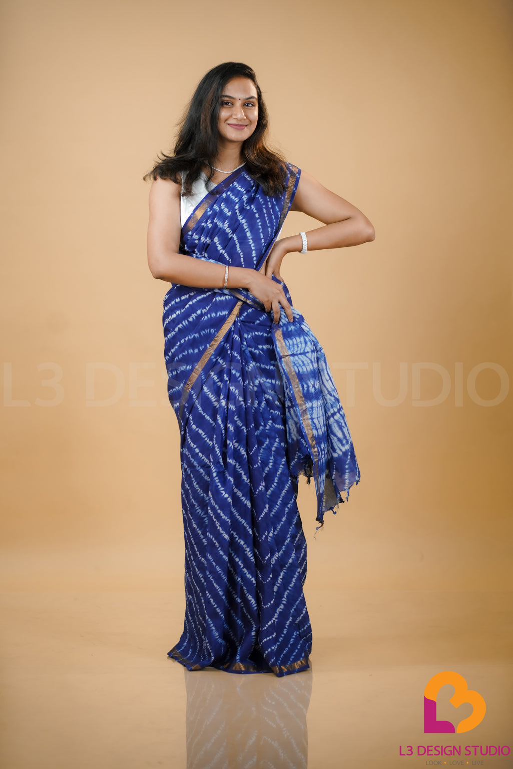 Indigo Blue Tie & Dye Assam Silk Saree with Golden Zari Border