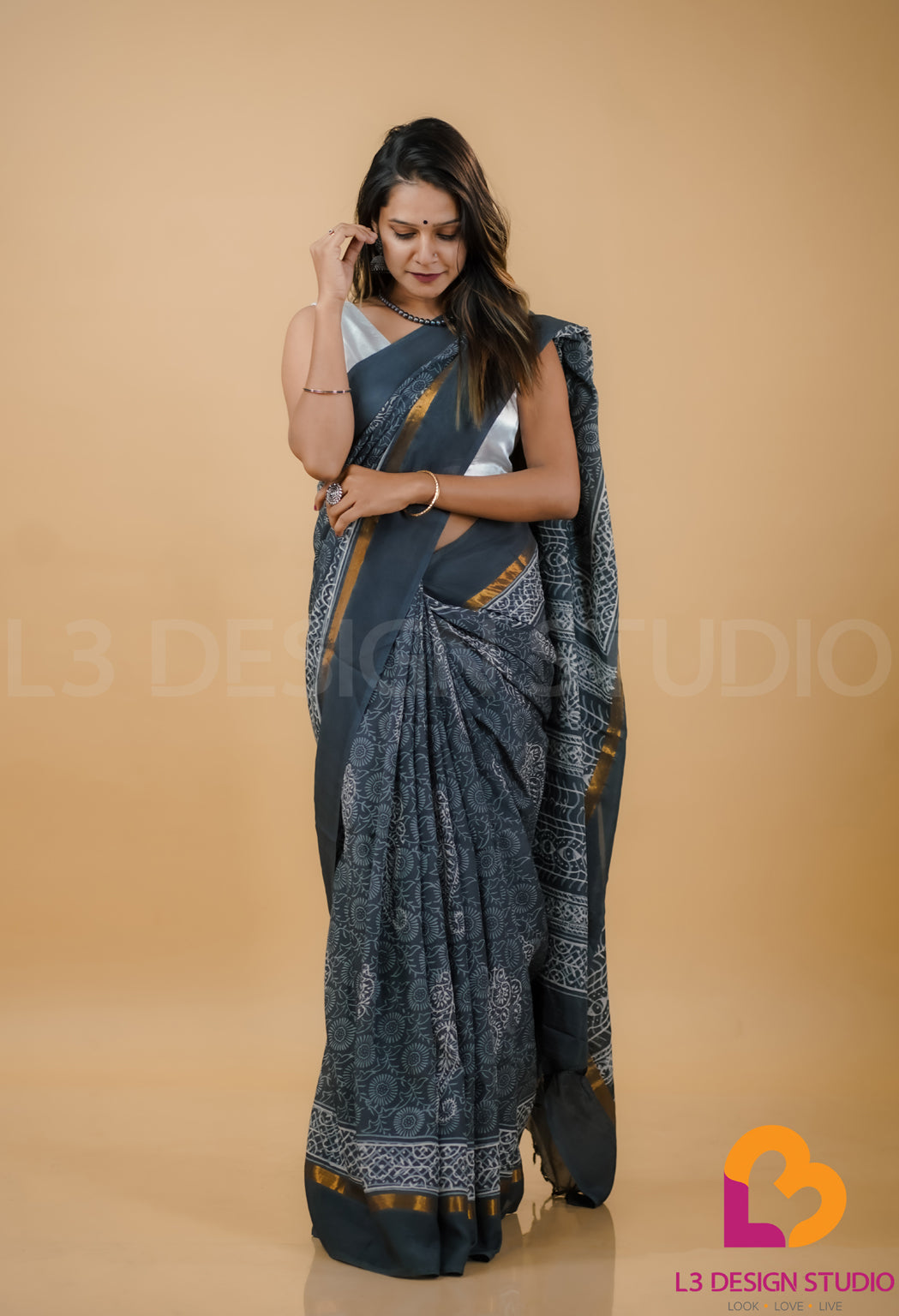 Grey Assam Silk Saree with Intricate Printing and Gold Zari Border