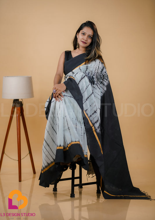 Black and White Tie-Dye Assam Silk Viscose Saree with Plain Pallu and Golden Zari Border