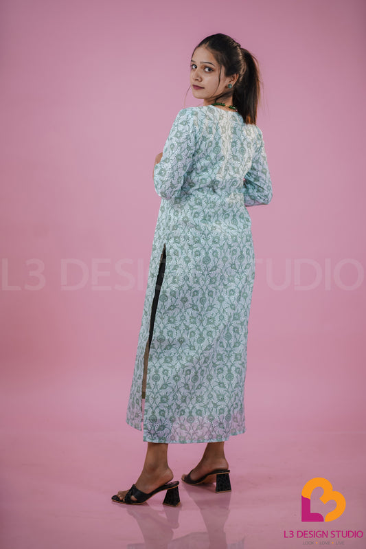 Green Kurti in printed Hakoba