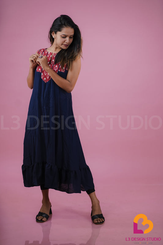 Navy Blue Sleeveless Dress with Patterned Yoke