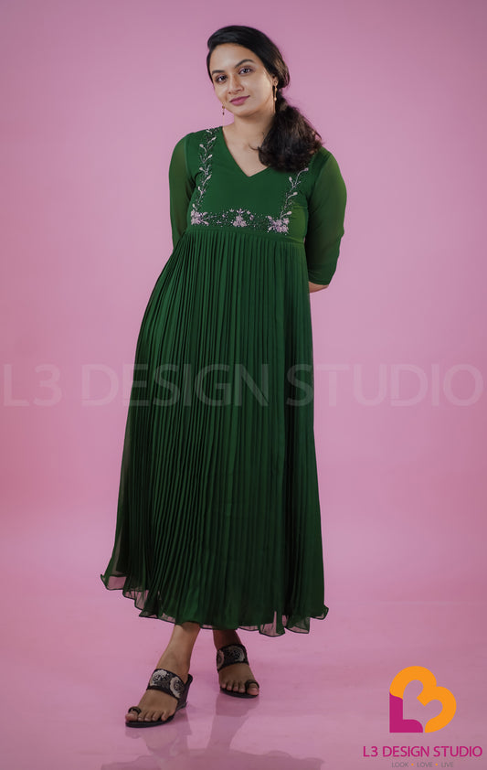 Bottle Green Pleated Georgette Dress