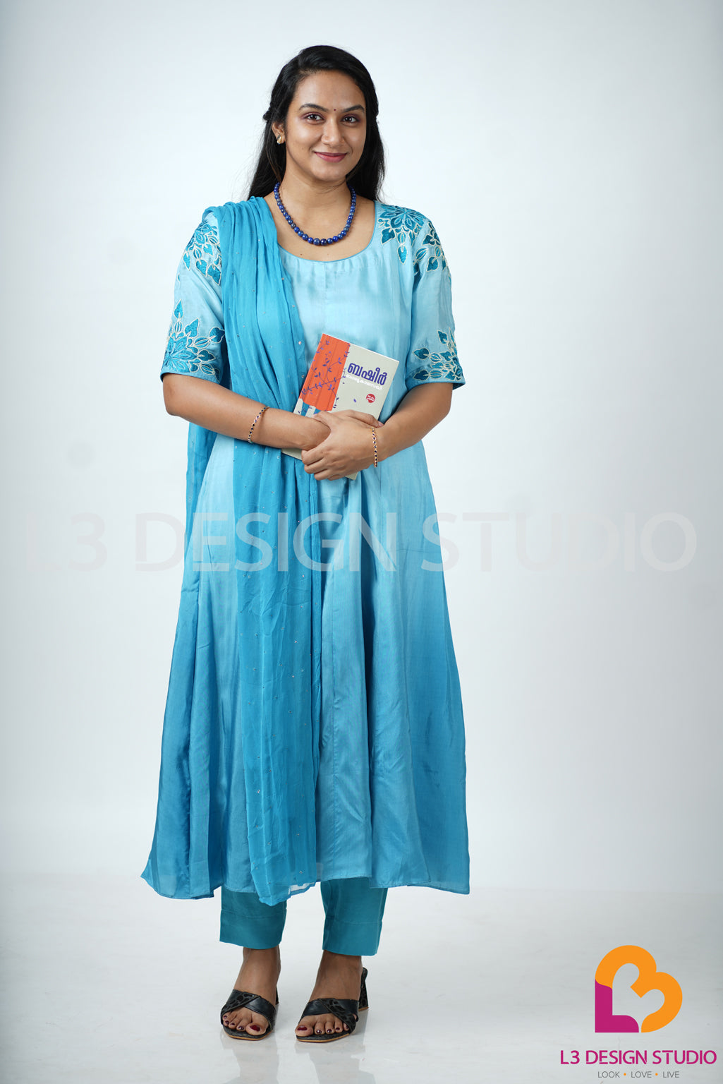 Sky Blue Ombré Aline Kurti Set with Embroidered Sleeves and Sequin Dupatta