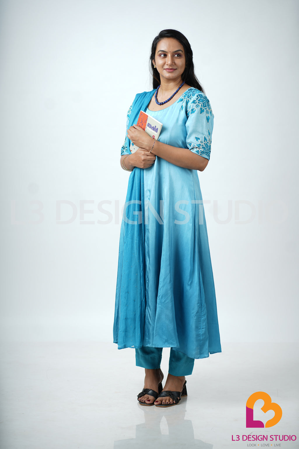 Sky Blue Ombré Aline Kurti Set with Embroidered Sleeves and Sequin Dupatta