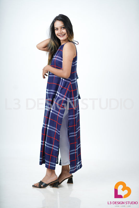 Blue and Red Checkered Halter Neck A-Line Dress